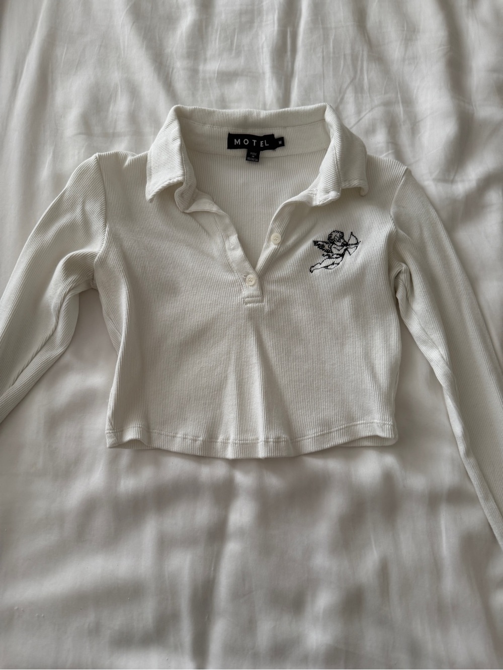 Motel Rocks Cream Long Sleeve Cropped Polo with Black Embroidery